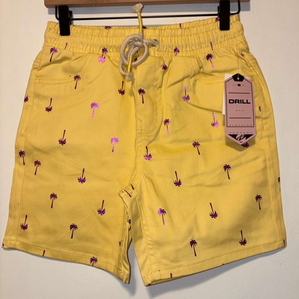 Drill Clothing Company Men S Drawstring Stretch Chino Shorts Yellow W/Palm Print